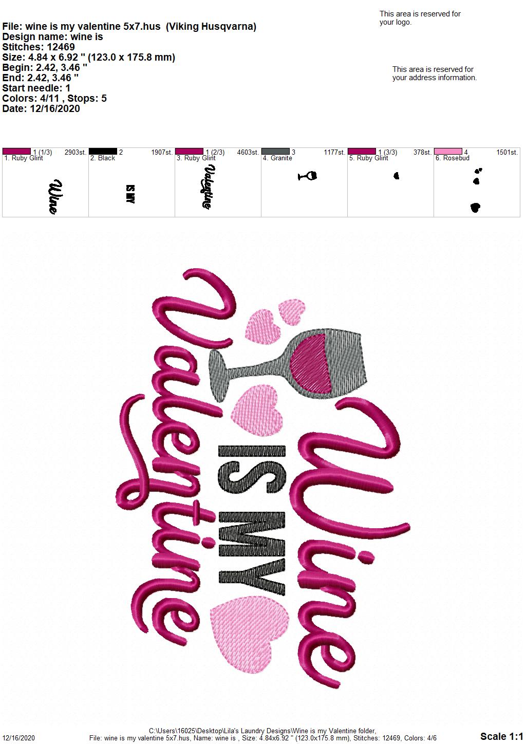 Wine is my Valentine - 2 sizes- Digital Embroidery Design