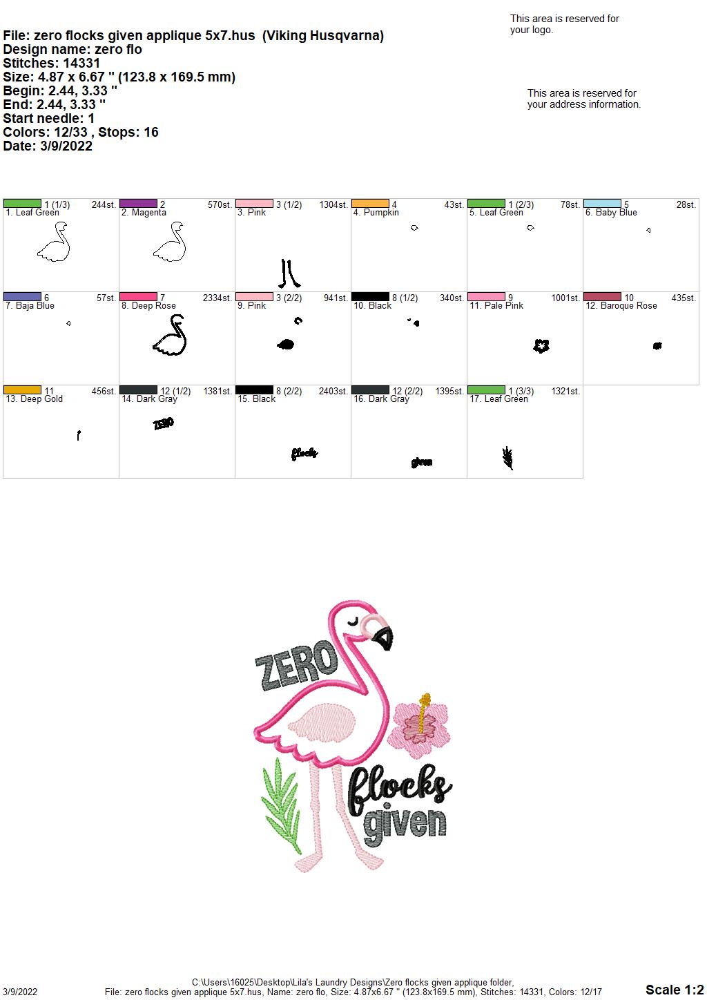 Zero Flocks Given Applique - 3 sizes- Digital Embroidery Design