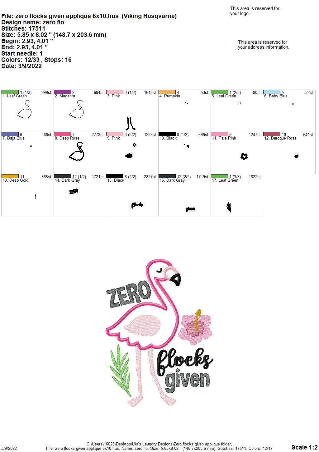 Zero Flocks Given Applique - 3 sizes- Digital Embroidery Design
