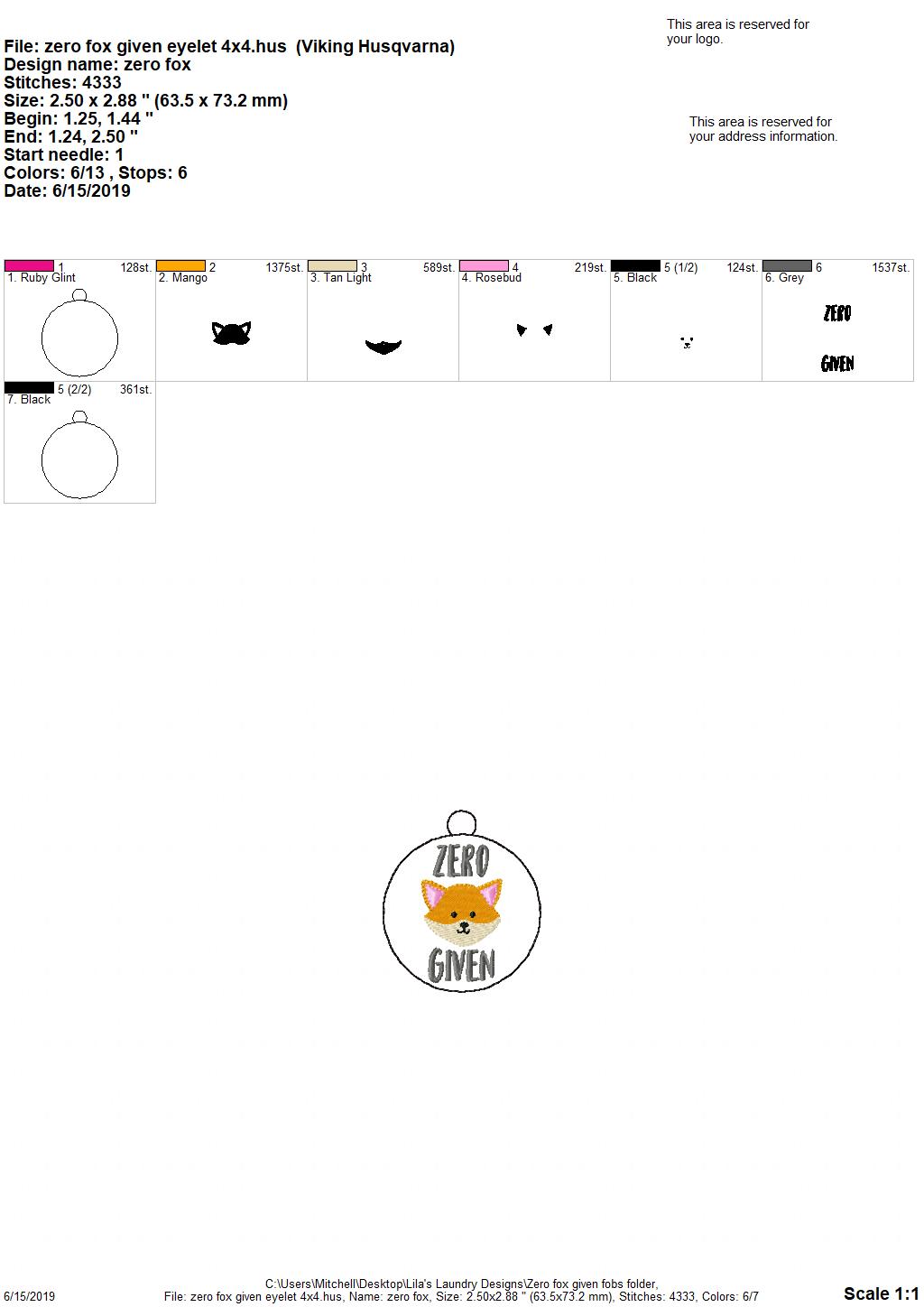 Zero Fox Given Fobs - DIGITAL Embroidery DESIGN